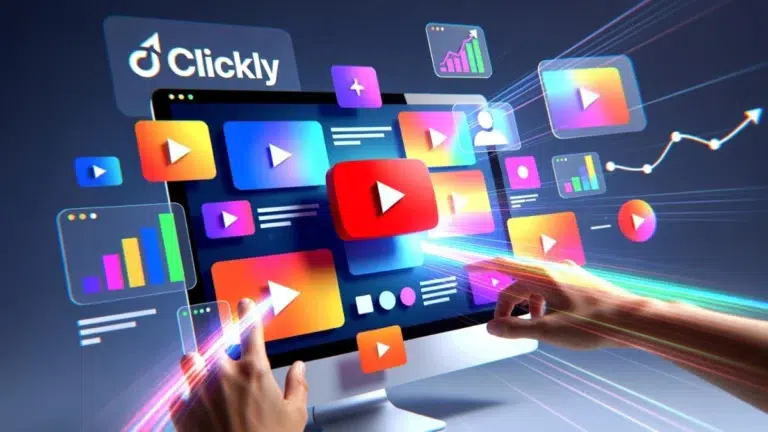 Clickly futuristic computer monitor displaying colorful YouTube thumbnails and graphics, with two hands interacting with the screen, showcasing a YouTube Thumbnails Maker experience.