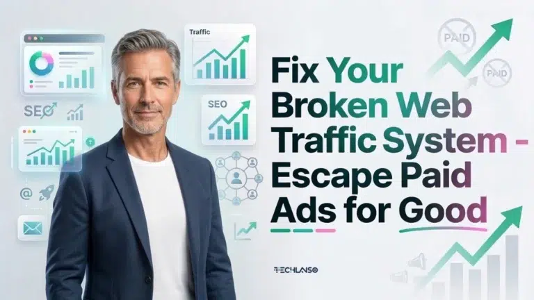Professional promotional graphic about a Web Traffic System showing a confident businessman beside charts, SEO icons, and upward analytics illustrating how to fix a broken Web Traffic System and reduce reliance on paid ads.