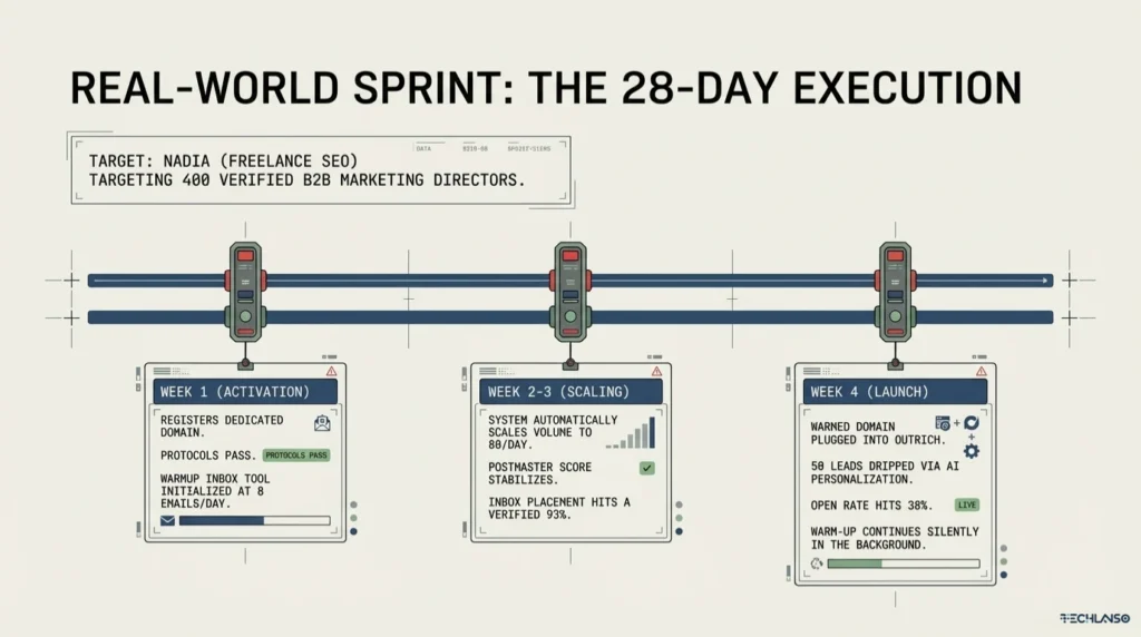 Infographic timeline showing a 28 day email warm up execution plan with activation, scaling, and launch phases that demonstrate the email warm up process and structured email warm up schedule for safe outreach.