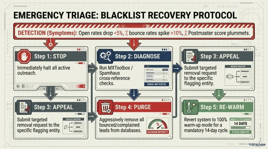 Technical flowchart showing email warm up blacklist recovery protocol with five steps including stop outreach, diagnose blacklist issues, submit appeals, purge bad contacts, and restart the email warm up process to restore sender reputation.