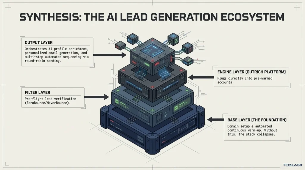 Infographic showing an AI lead generation ecosystem stack where the foundation layer relies on email warm up to support domain setup, verified leads, automated outreach, and a stable email warm up process for deliverability.