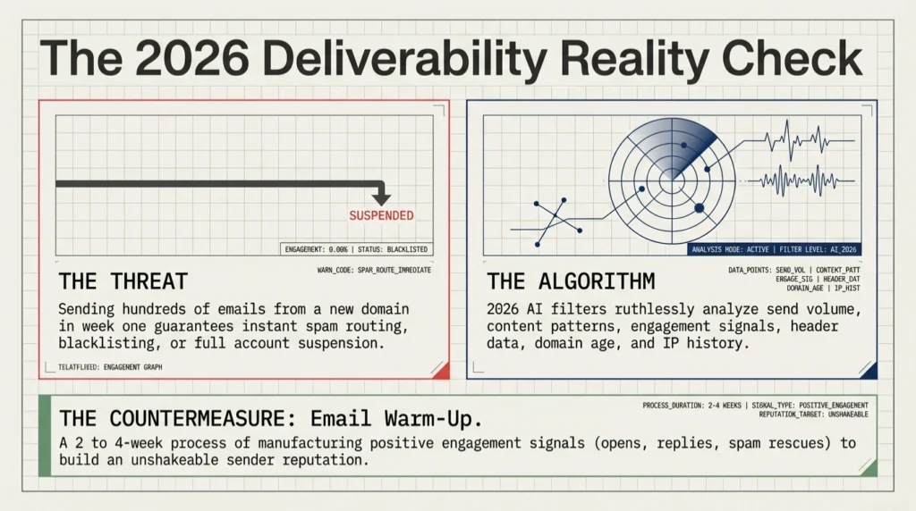 Technical infographic explaining email warm up with a 2026 deliverability reality check, showing the risk of sending high volume emails from a new domain and the importance of the email warm up process to protect sender reputation and avoid spam filters.