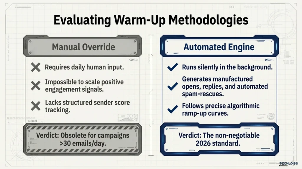 Comparison infographic about email warm up showing manual override versus automated engine methods, highlighting the email warm up process that scales engagement signals and follows a structured email warm up schedule for safer email domain warm up.