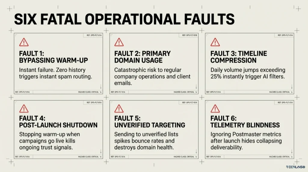 Infographic slide explaining email warm up mistakes with six fatal operational faults including bypassing warm up email domain steps, poor targeting, and timeline compression that damage sender reputation and email deliverability.