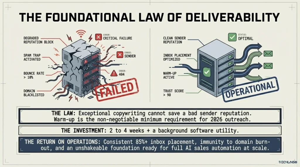 Infographic explaining the deliverability principle behind email warm up showing a failed server with spam traps and blacklist errors compared with a healthy server where the email warm up process builds strong sender reputation and inbox placement.