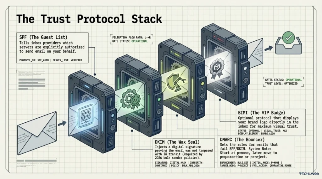 Technical infographic explaining email warm up alongside the Trust Protocol Stack showing SPF, DKIM, DMARC, and BIMI verification steps that support email domain warm up and help improve inbox placement during the email warm up process.
