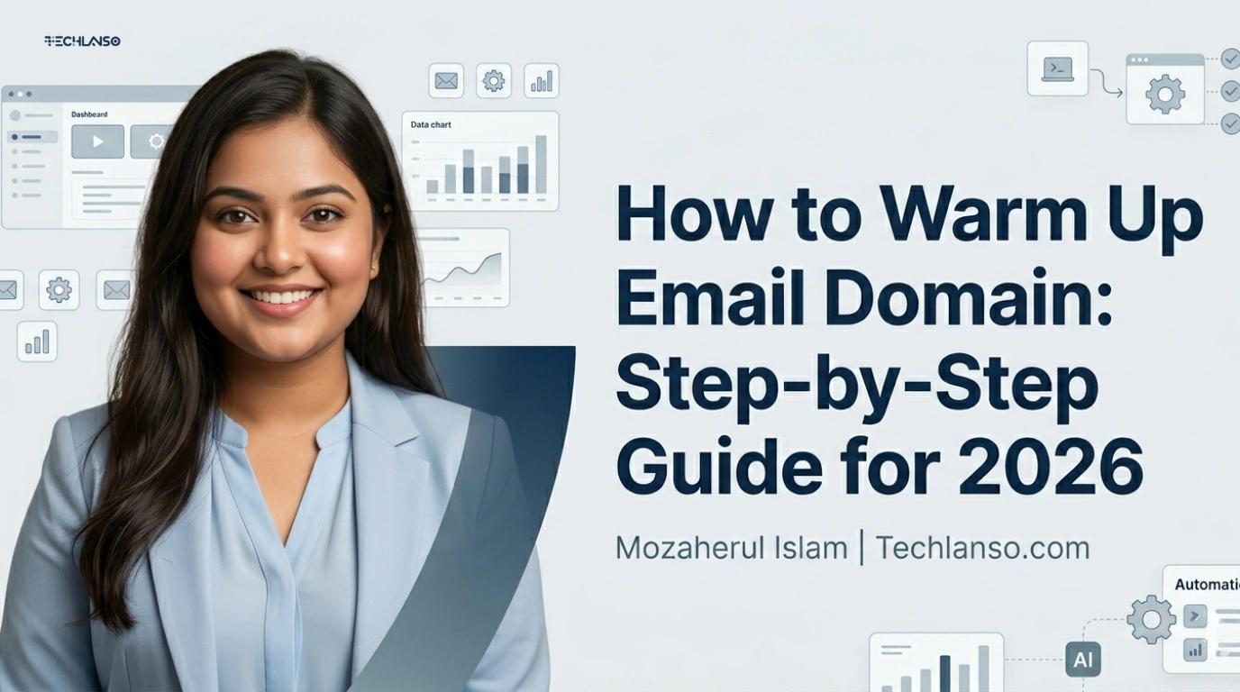 Professional blog header image about how to warm up email domain featuring a smiling woman in a light blue blazer beside a digital dashboard with email icons, analytics charts, and automation graphics illustrating the email warm up process and warm up email domain strategy.