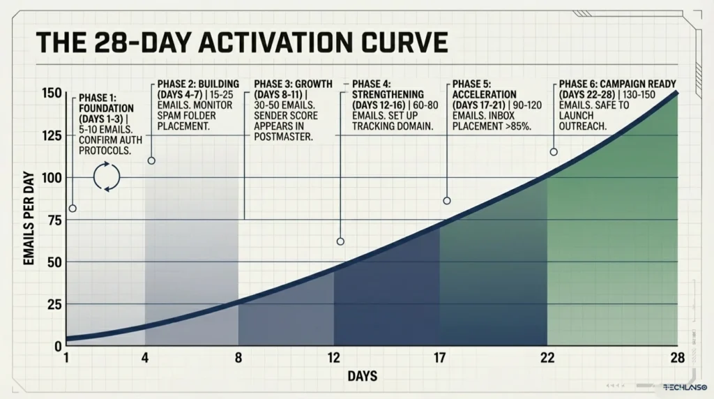 Graph infographic explaining how to warm up an email domain with a 28 day activation curve that shows the email warm up process, email warm up schedule, and gradual increase in daily sending volume from foundation to campaign readiness.