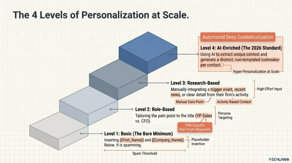 Diagram showing the four levels of personalization for how to write cold email from basic placeholder insertion to AI enriched personalization for better outreach results