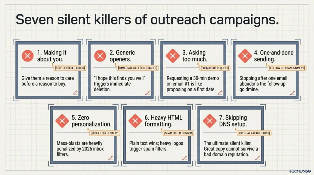 Infographic about how to write a cold email showing seven silent killers of outreach campaigns including generic openers, lack of personalization, heavy HTML formatting, and poor DNS setup that reduce reply rates.