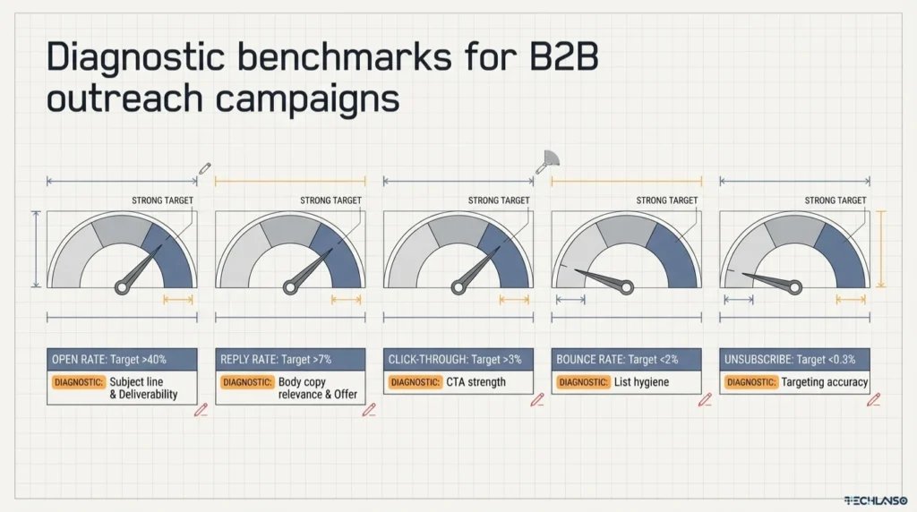 Diagnostic benchmarks infographic explaining how to write a cold email with outreach metrics such as open rate, reply rate, click through rate, bounce rate, and unsubscribe rate for B2B campaigns.