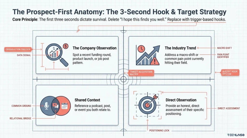Infographic explaining how to write a cold email using the prospect first strategy with company observation, industry trend, shared context, and direct observation to create a strong three second hook for outreach.