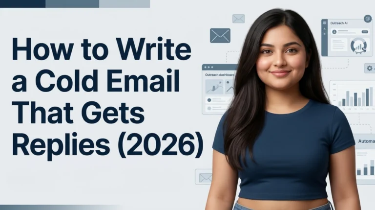 How to write a cold email blog cover showing a smiling woman beside outreach dashboards, email icons, and analytics charts that illustrate how to write cold emails, how to write a good cold email, and how an AI cold email writer supports modern outreach strategies
