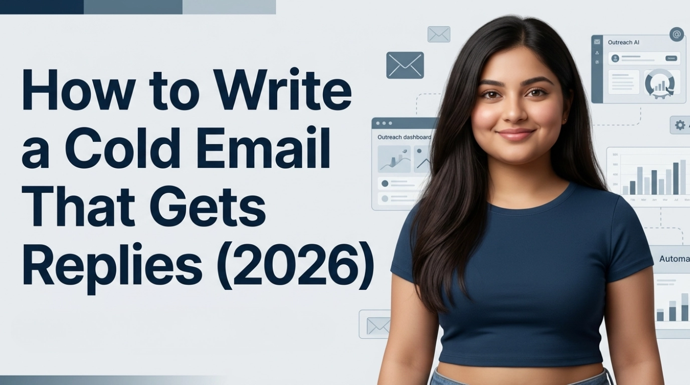 How to write a cold email blog cover showing a smiling woman beside outreach dashboards, email icons, and analytics charts that illustrate how to write cold emails, how to write a good cold email, and how an AI cold email writer supports modern outreach strategies