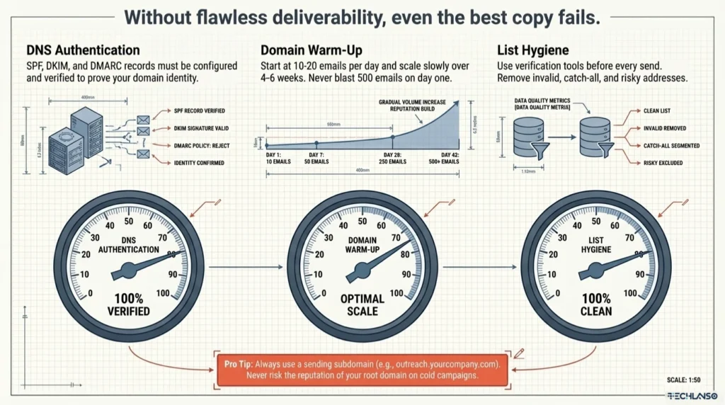 Infographic explaining how to write a cold email with deliverability fundamentals including DNS authentication, domain warm up strategy, and list hygiene to improve inbox placement and reply rates
