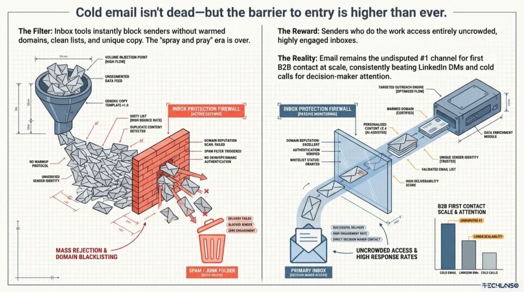 Infographic explaining how to write a cold email that reaches the inbox by comparing spam filtered mass outreach with personalized verified outreach that improves B2B response rates and shows how to write a good cold email for sales and outreach.