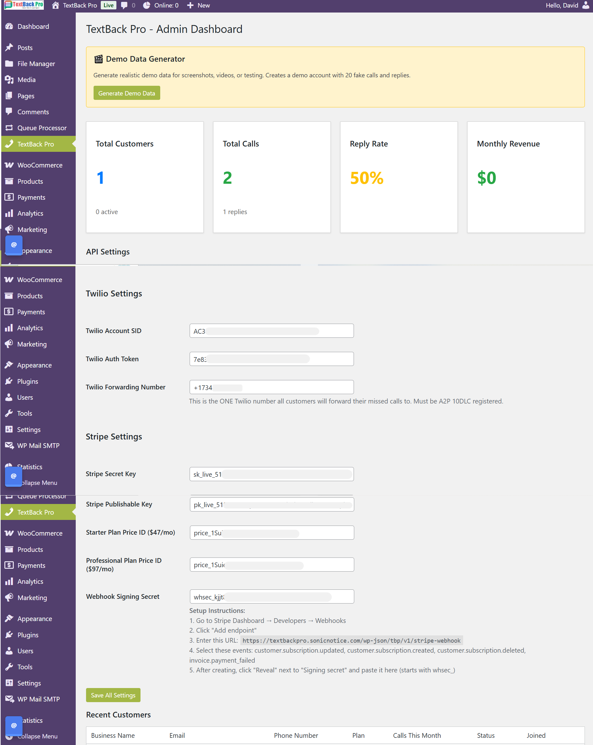 TextBack Pro Dashboard
